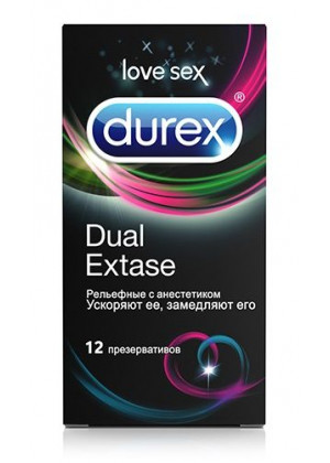 Рельефные презервативы с анестетиком Durex Dual Extase - 12 шт.